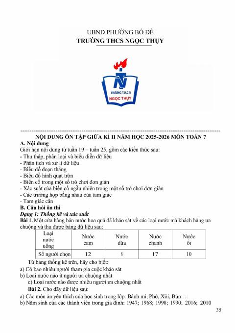 Đề cương ôn tập Giữa kì 2 Toán 7 năm 2025–2026 trường THCS Ngọc Thụy (Hà Nội)